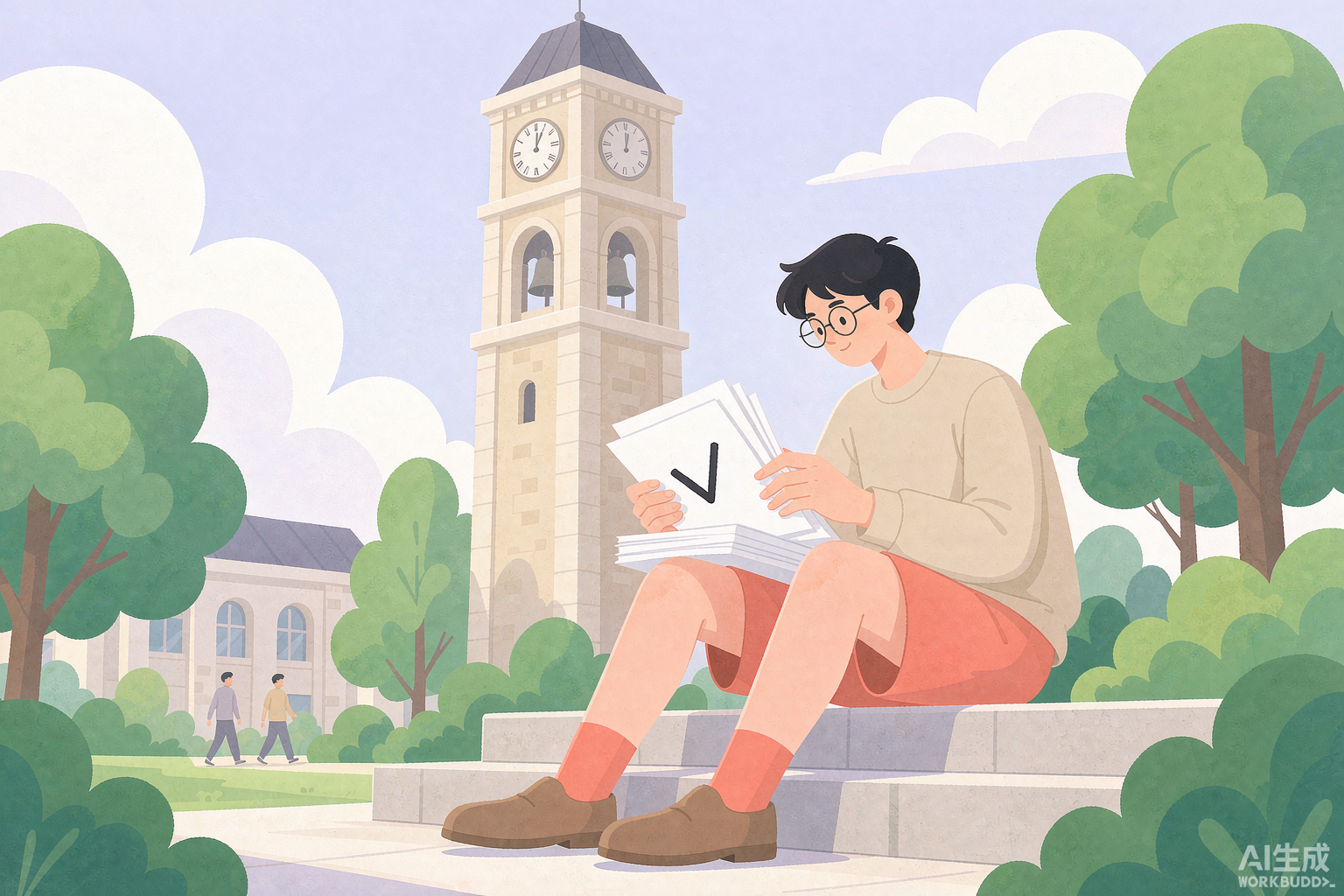 哥大留学生学费分期指南：校园钟楼台阶上整理学费缴纳方案的留学生
