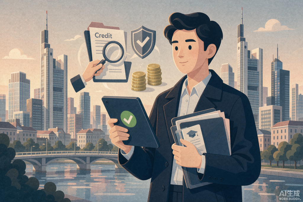 德国华人职场人士申请留学分期信贷插画：法兰克福金融城背景下的Schufa信用文件与获批方案
