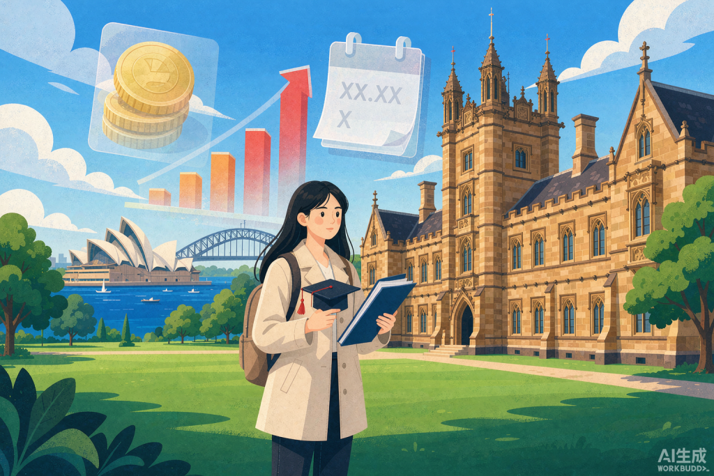 悉尼大学中国留学生学费分期信贷插画：海港大桥与砂岩主楼背景下的学费账单与分期规划