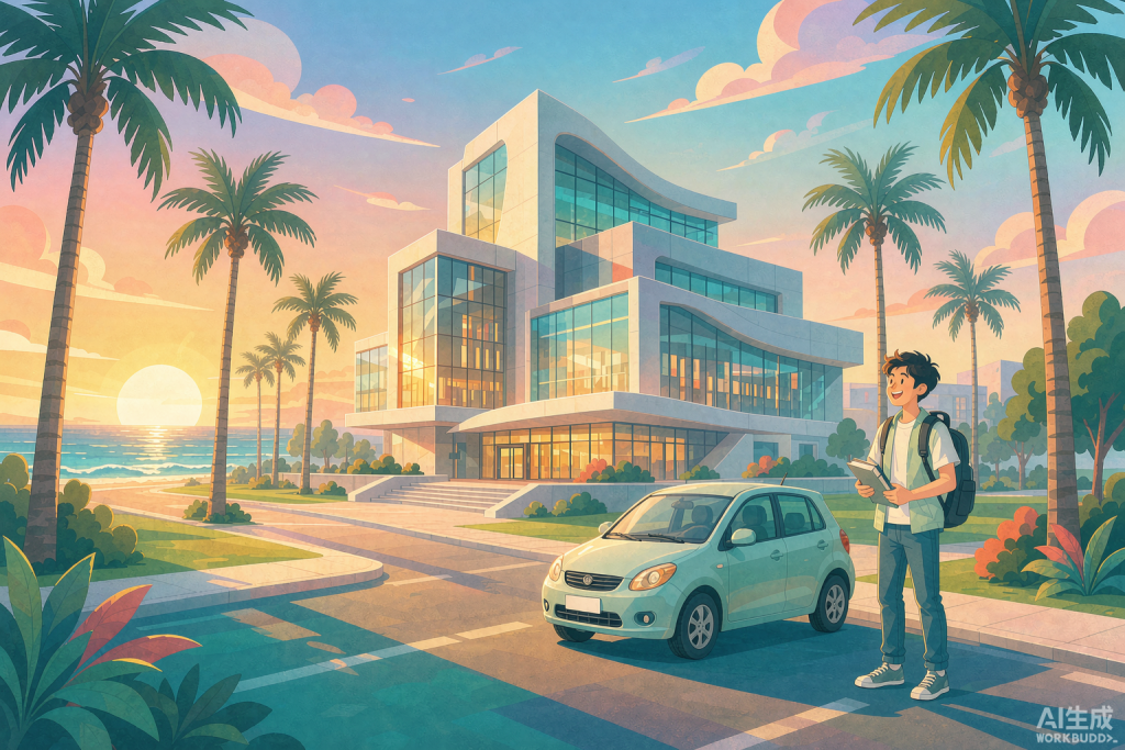 UCSD留学生购车贷款指南封面：圣地亚哥海边校园与现代建筑旁的新车交付场景